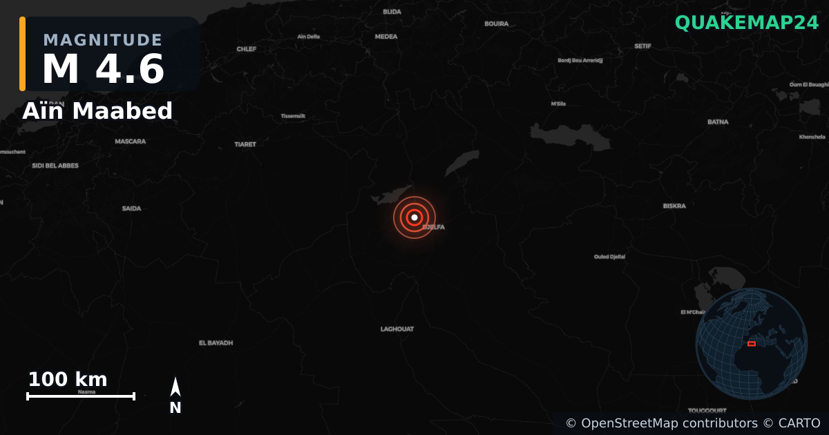 M4.6 earthquake near Aïn Maabed on Jun 28, 2026 — map of epicenter and shaking intensity | QuakeMap24