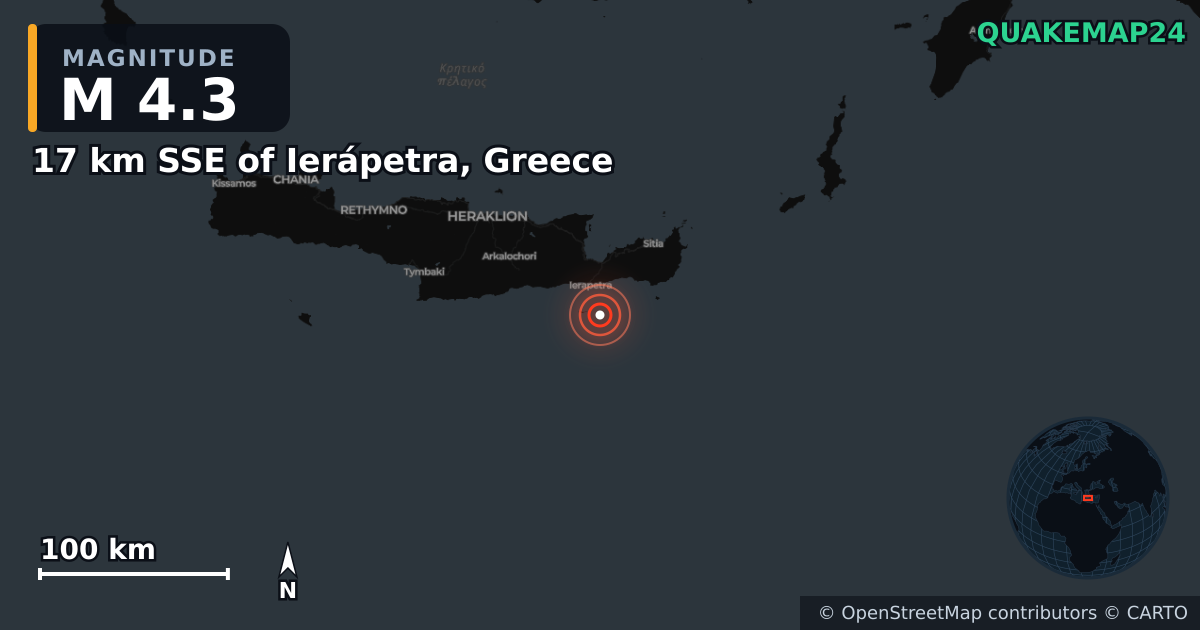 Σεισμός M4,3 κοντά στο 17 km SSE of Ierápetra, Greece · 2026-04-26 — Χάρτης της θέσης του επικέντρου