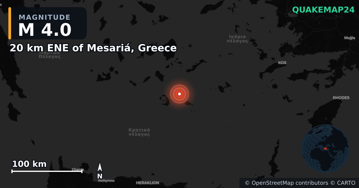 M4.0 earthquake near 20 km ENE of Mesariá, Greece on Feb 17, 2025 — map of epicenter and shaking intensity | QuakeMap24