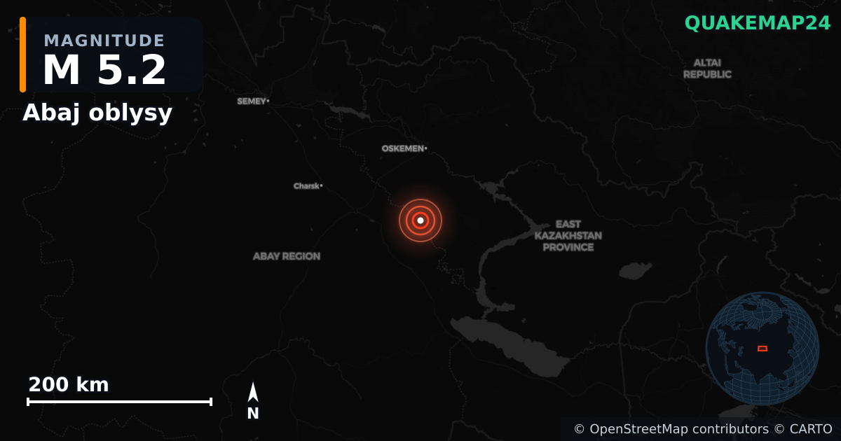 M5.2 earthquake near Abaj oblysy on Jul 23, 2025 — map of epicenter and shaking intensity | QuakeMap24