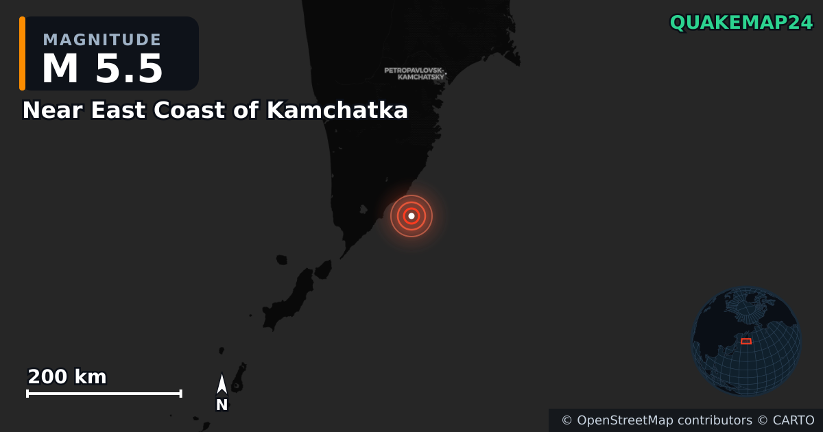 M5.5 earthquake near Near East Coast of Kamchatka on Sep 19, 2025 — map of epicenter and shaking intensity | QuakeMap24