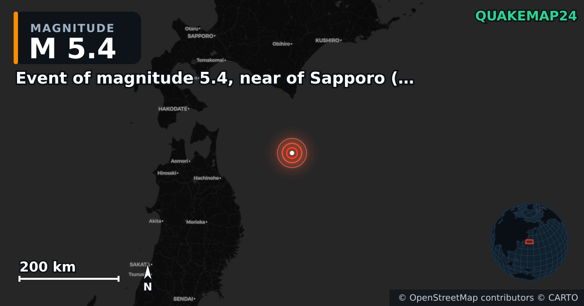 M5.4 earthquake near Event of magnitude 5.4, near of Sapporo (Monde) on Dec 16, 2025 — map of epicenter and shaking intensity | QuakeMap24