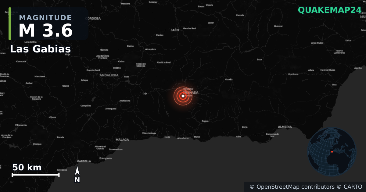M3.6 earthquake near Las Gabias on Aug 18, 2026 — map of epicenter and shaking intensity | QuakeMap24