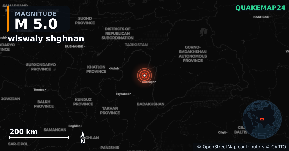 M5.0 earthquake near wlswaly shghnan on Jan 22, 2026 — map of epicenter and shaking intensity | QuakeMap24