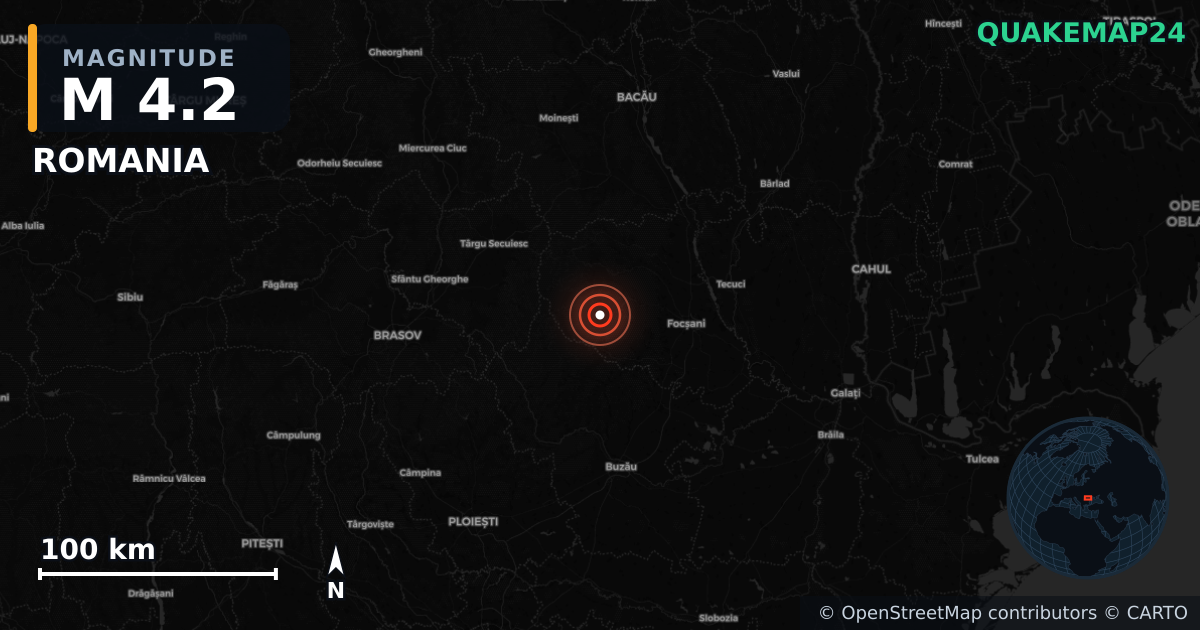 M4.2 earthquake near ROMANIA on Aug 24, 2025 — map of epicenter and shaking intensity | QuakeMap24