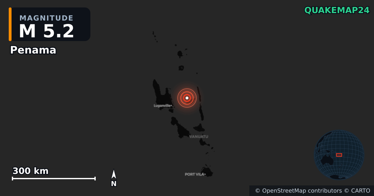 M5.2 earthquake near Penama on May 27, 2025 — map of epicenter and shaking intensity | QuakeMap24