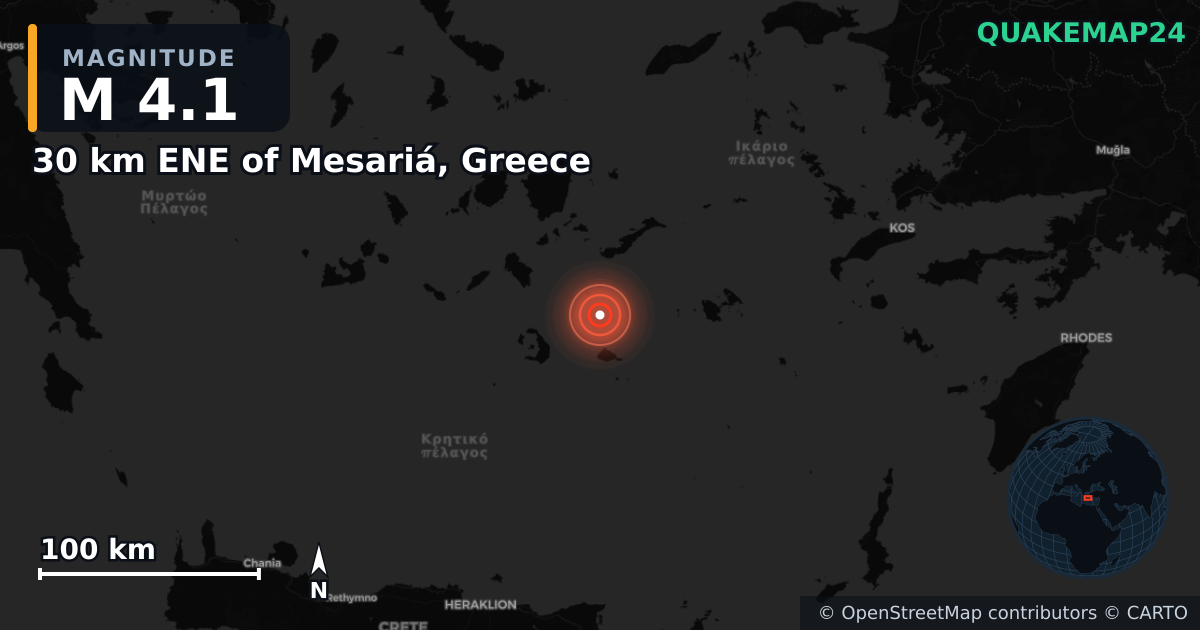 M4.1 earthquake near 30 km ENE of Mesariá, Greece on Feb 4, 2025 — map of epicenter and shaking intensity | QuakeMap24