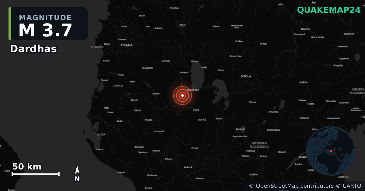 M3.7 earthquake near Dardhas on Jan 16, 2026 — map of epicenter and shaking intensity | QuakeMap24
