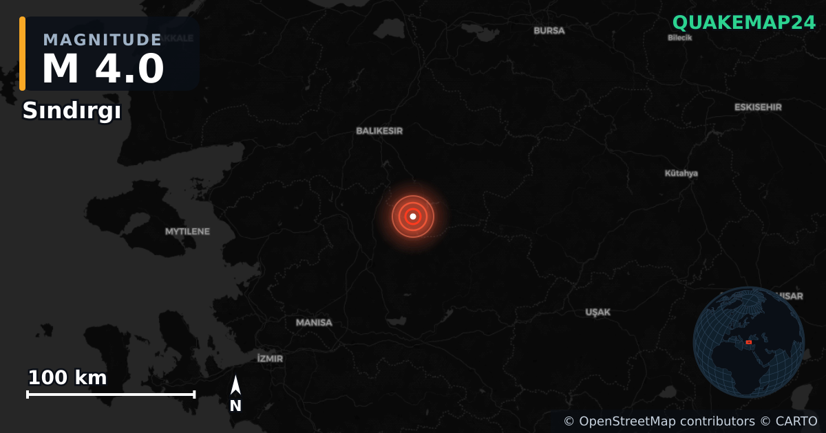 M4.0 earthquake near Sındırgı on Jun 28, 2026 — map of epicenter and shaking intensity | QuakeMap24