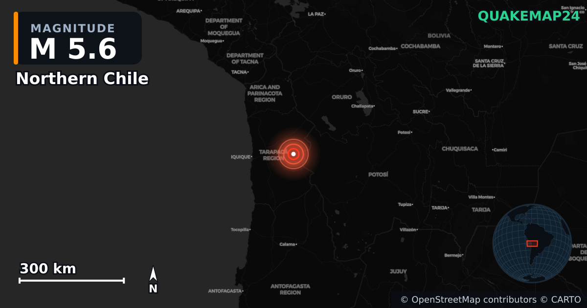 M5.6 earthquake near Northern Chile on Sep 19, 2025 — map of epicenter and shaking intensity | QuakeMap24