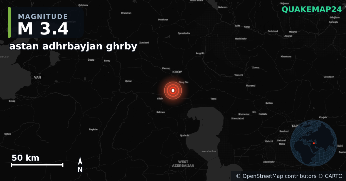 M3.4 earthquake near astan adhrbayjan ghrby on Sep 14, 2025 — map of epicenter and shaking intensity | QuakeMap24