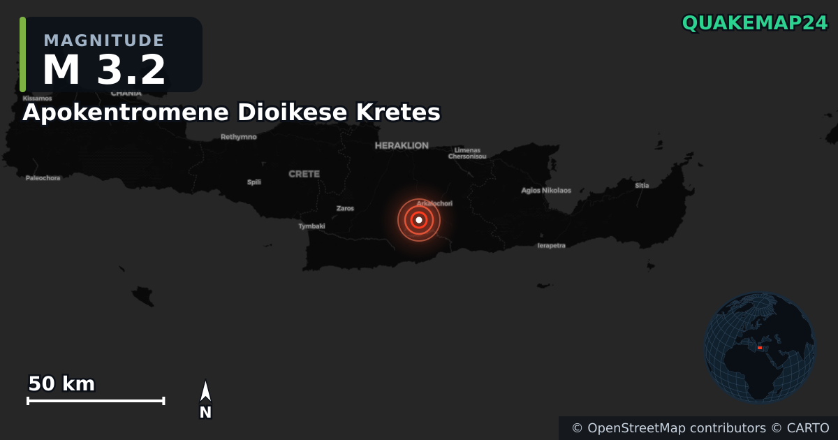 M3.2 earthquake near Apokentromene Dioikese Kretes on Jul 23, 2025 — map of epicenter and shaking intensity | QuakeMap24