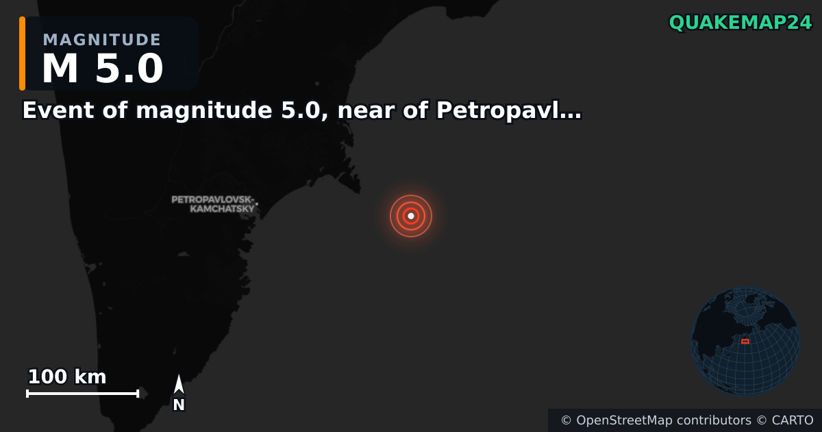 M5.0 earthquake near Event of magnitude 5.0, near of Petropavlovsk Kamchatskiy (Monde) on Sep 19, 2025 — map of epicenter and shaking intensity | QuakeMap24