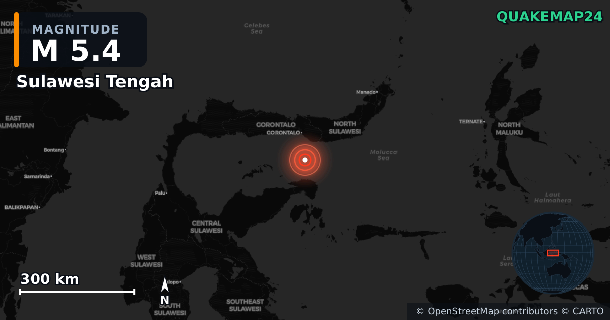 M5.4 earthquake near Sulawesi Tengah on Jun 4, 2026 — map of epicenter and shaking intensity | QuakeMap24