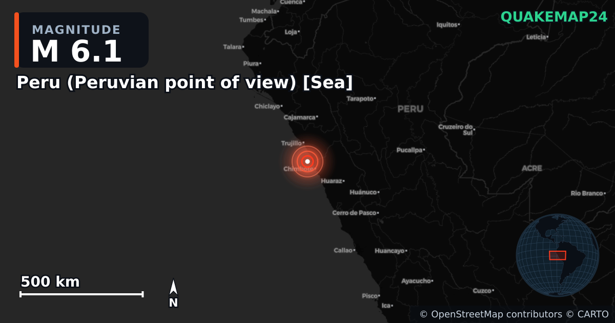 M6.1 earthquake near Peru (Peruvian point of view) [Sea] on Dec 28, 2025 — map of epicenter and shaking intensity | QuakeMap24
