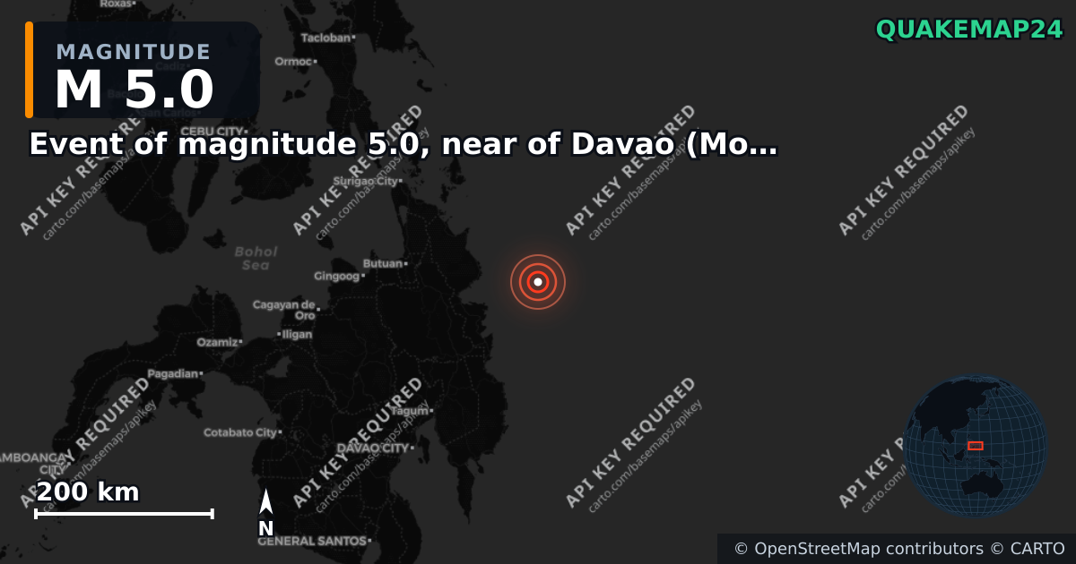 M5.0 earthquake near Event of magnitude 5.0, near of Davao (Monde) on Aug 26, 2025 — map of epicenter and shaking intensity | QuakeMap24
