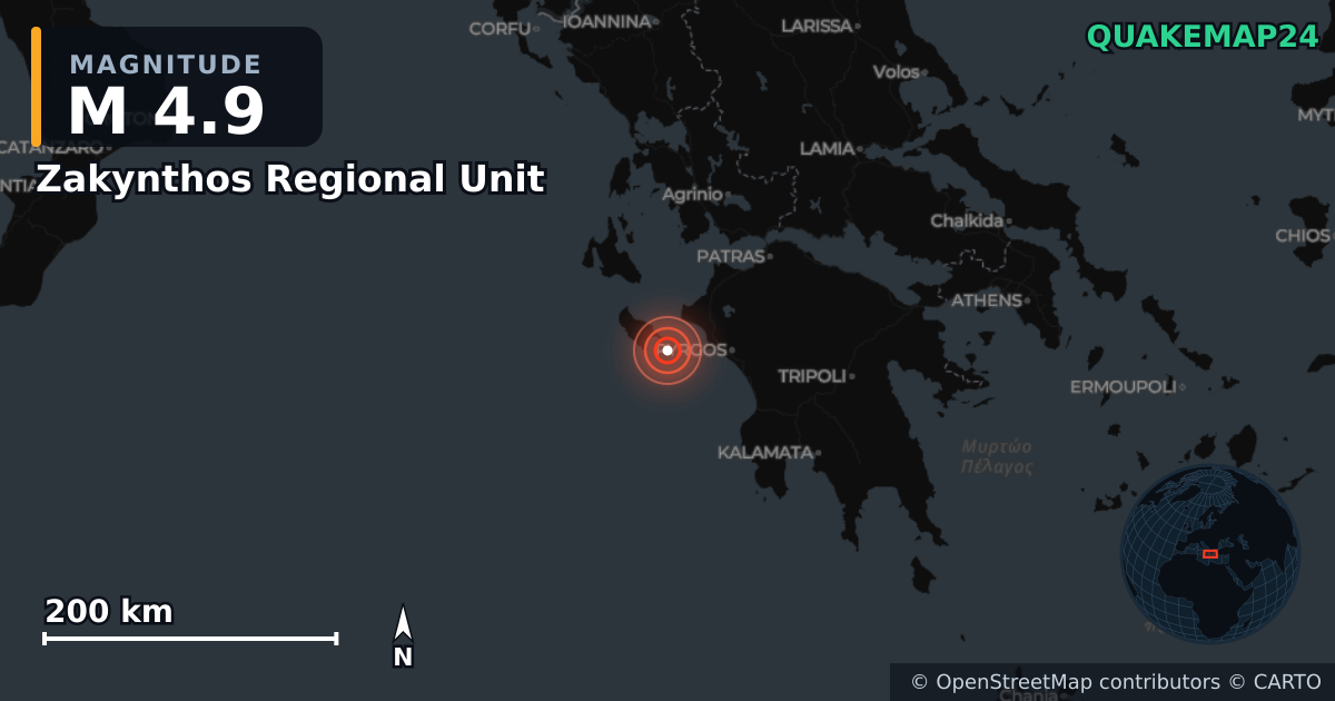 Erdbeben M4,9 bei Zakynthos Regional Unit, Ioanian Islands (Griechenland) · 2026-10-25 — Karte der Lage des Epizentrums