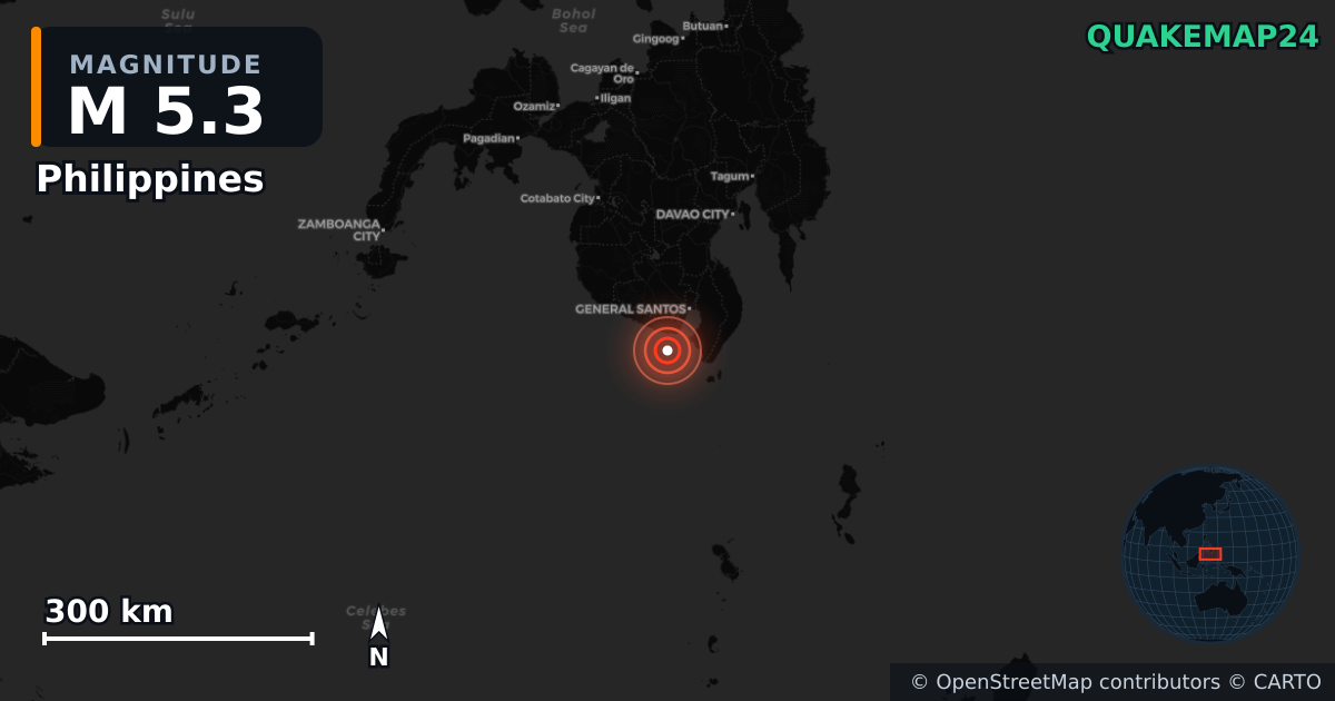 M5.3 earthquake near Philippines on Jun 8, 2026 — map of epicenter and shaking intensity | QuakeMap24