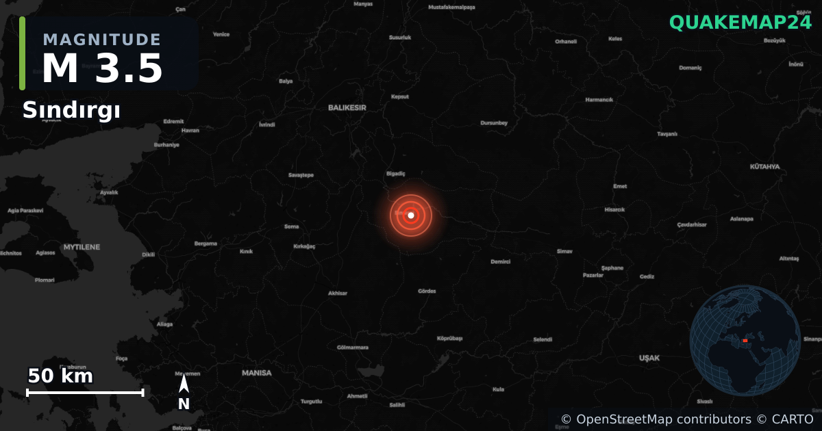 M3.5 earthquake near Sındırgı on Aug 24, 2025 — map of epicenter and shaking intensity | QuakeMap24