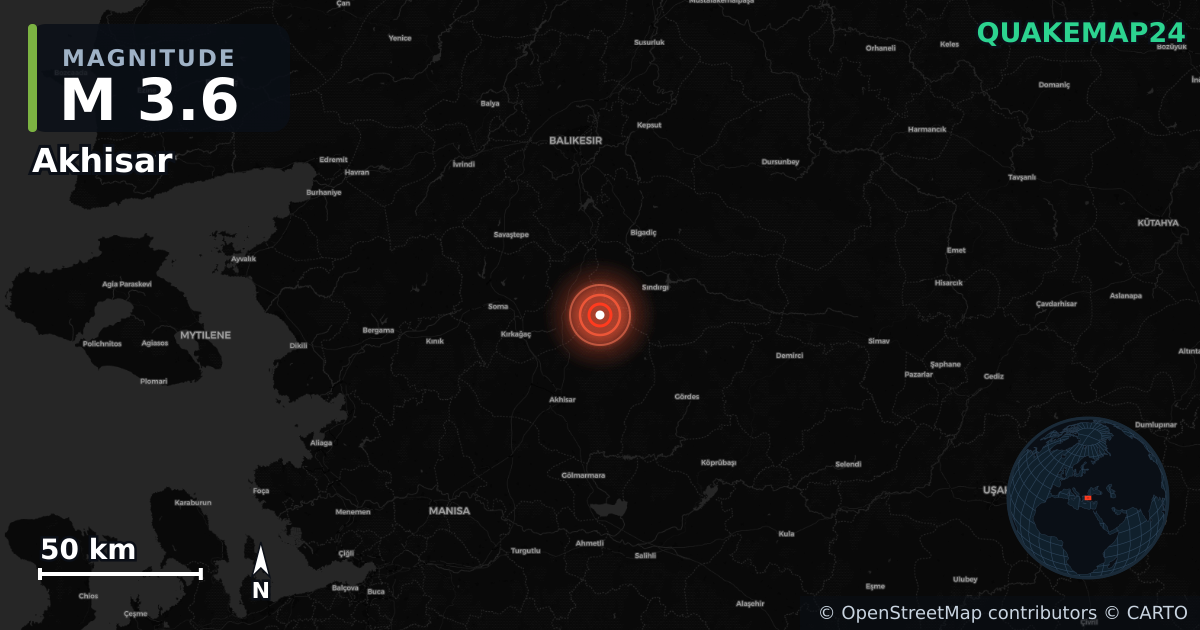 M3.6 earthquake near Akhisar on Sep 8, 2025 — map of epicenter and shaking intensity | QuakeMap24