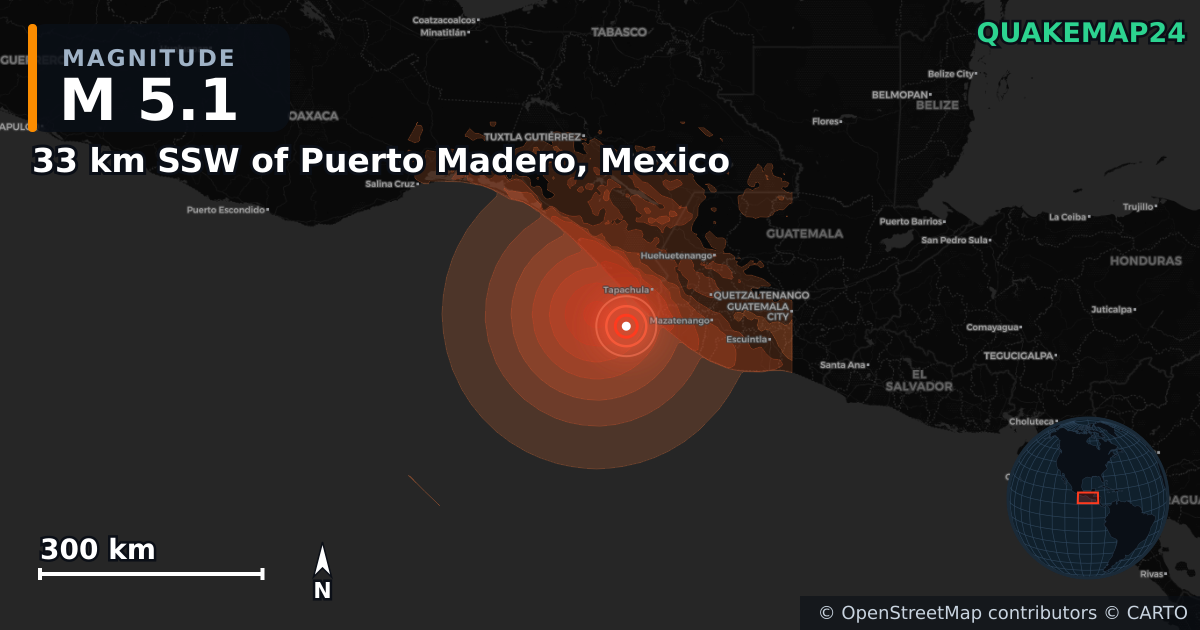 M5.1 earthquake near 33 km SSW of Puerto Madero, Mexico on Jul 17, 2026 — map of epicenter and shaking intensity | QuakeMap24