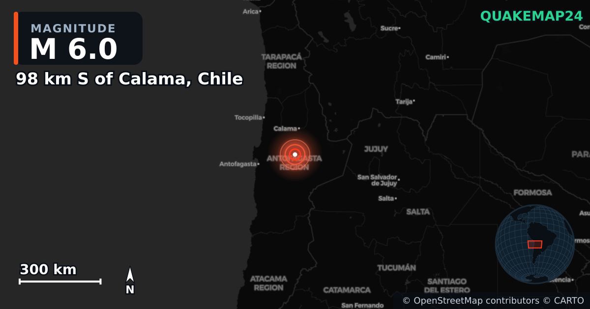 M6.0 earthquake near 98 km S of Calama, Chile on Mar 6, 2025 — map of epicenter and shaking intensity | QuakeMap24