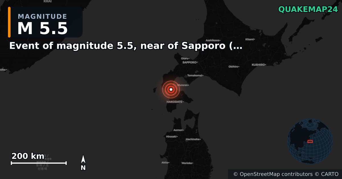 M5.5 earthquake near Event of magnitude 5.5, near of Sapporo (Monde) on Mar 9, 2026 — map of epicenter and shaking intensity | QuakeMap24