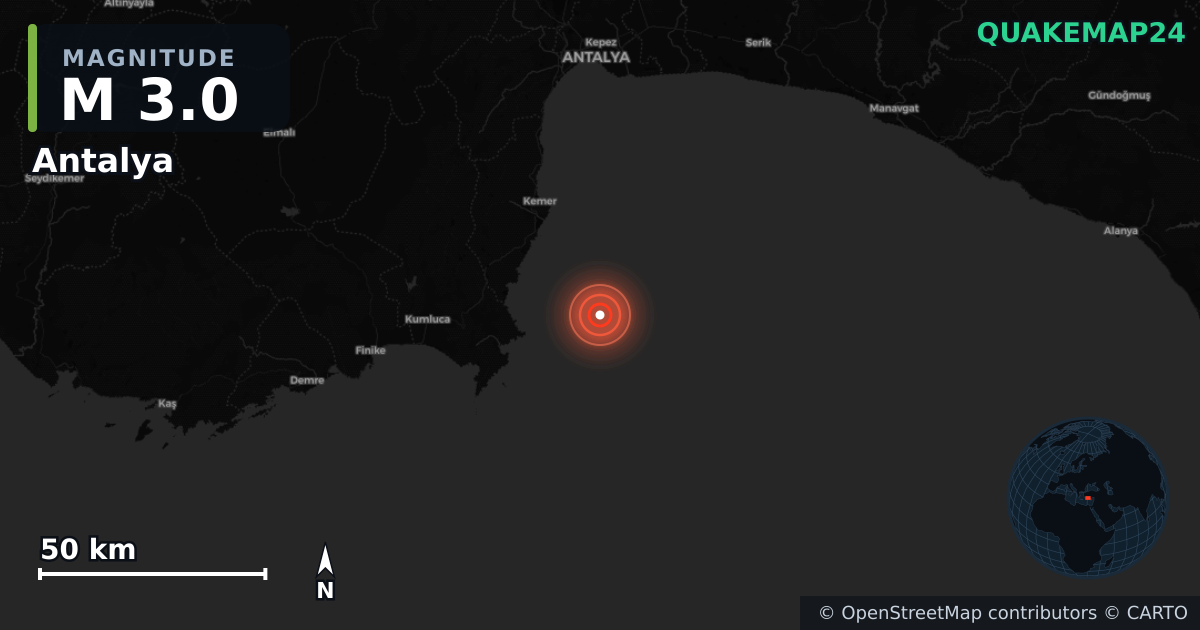 M3.0 earthquake near Antalya on Jul 28, 2026 — map of epicenter and shaking intensity | QuakeMap24