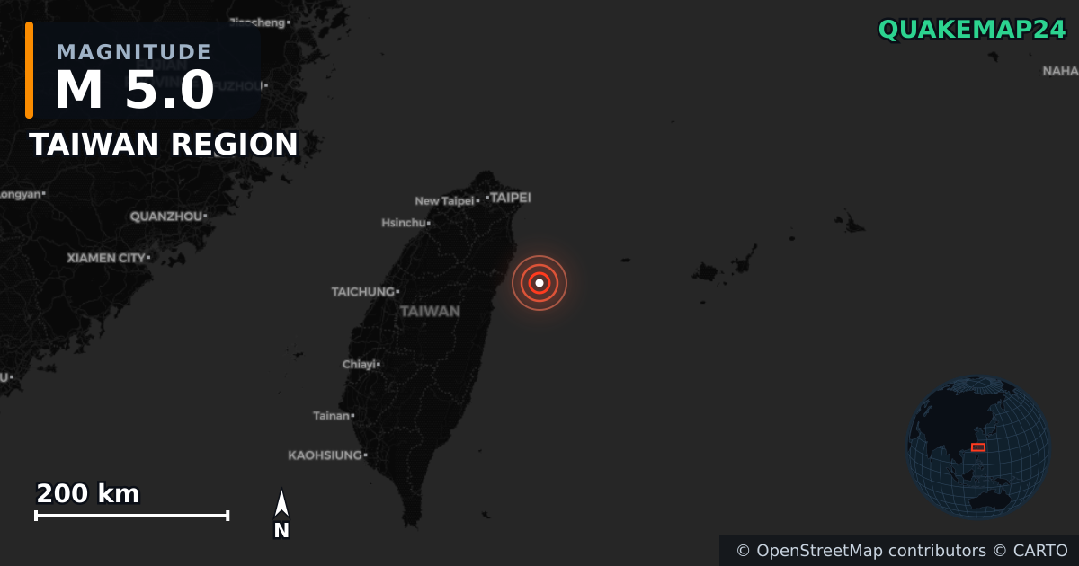 M5.0 earthquake near TAIWAN REGION on Oct 18, 2025 — map of epicenter and shaking intensity | QuakeMap24