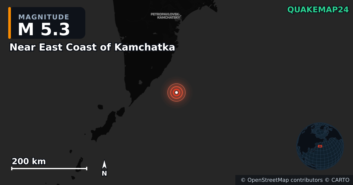 M5.3 earthquake near Near East Coast of Kamchatka on Jul 30, 2025 — map of epicenter and shaking intensity | QuakeMap24