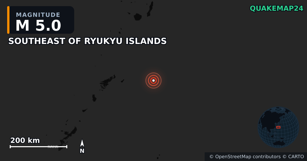 Erdbeben M5,0 bei SOUTHEAST OF RYUKYU ISLANDS — Karte der Lage des Epizentrums