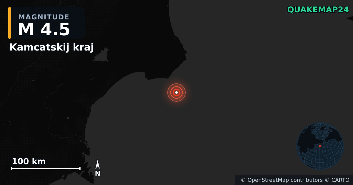 M4.5 earthquake near Kamcatskij kraj on Sep 17, 2025 — map of epicenter and shaking intensity | QuakeMap24
