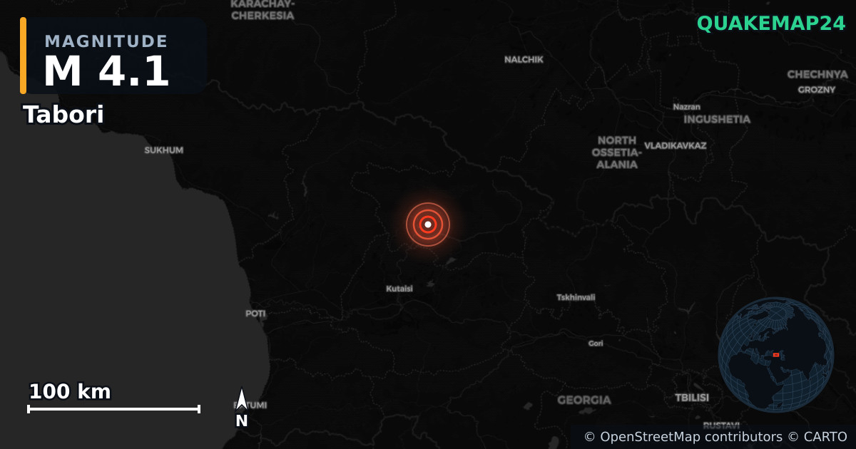 M4.1 earthquake near Tabori on Jun 23, 2026 — map of epicenter and shaking intensity | QuakeMap24