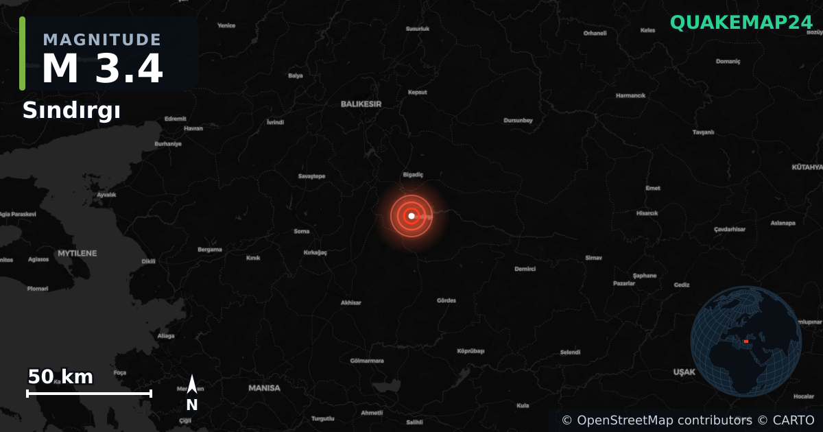 M3.4 earthquake near Sındırgı on Sep 8, 2025 — map of epicenter and shaking intensity | QuakeMap24