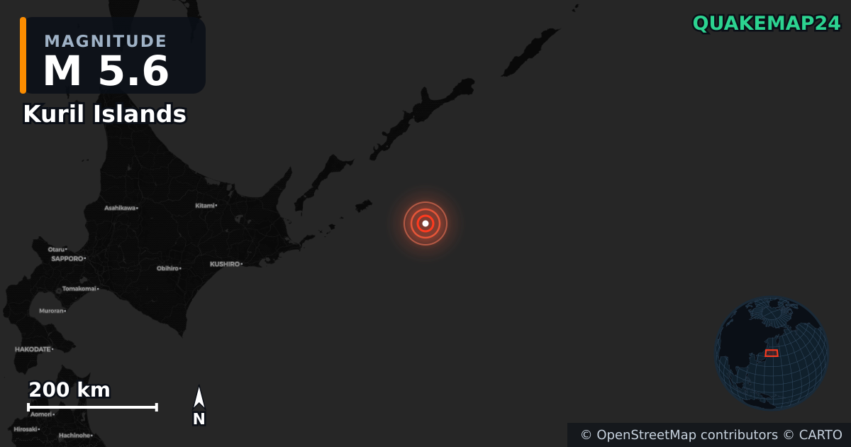 M5.6 earthquake near Kuril Islands on Dec 21, 2025 — map of epicenter and shaking intensity | QuakeMap24