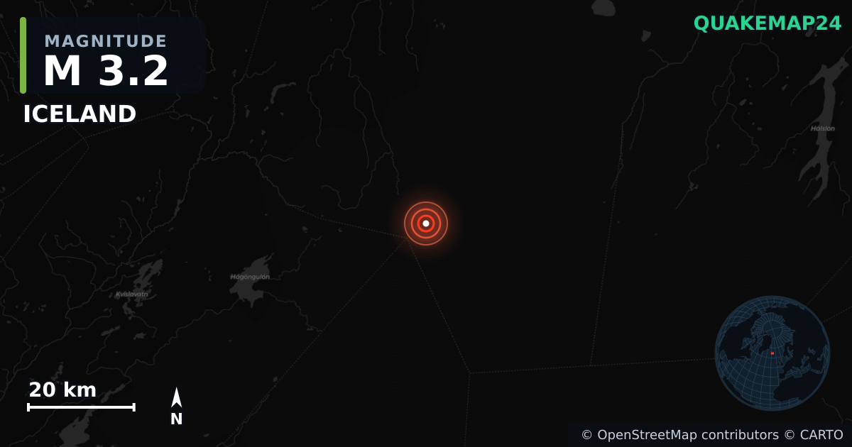 M3.2 earthquake near ICELAND on Nov 8, 2025 — map of epicenter and shaking intensity | QuakeMap24