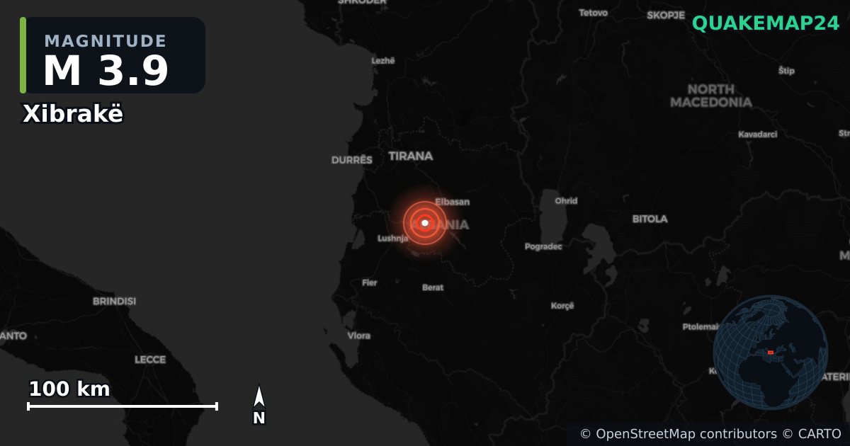 M3.9 earthquake near Xibrakë on May 23, 2026 — map of epicenter and shaking intensity | QuakeMap24