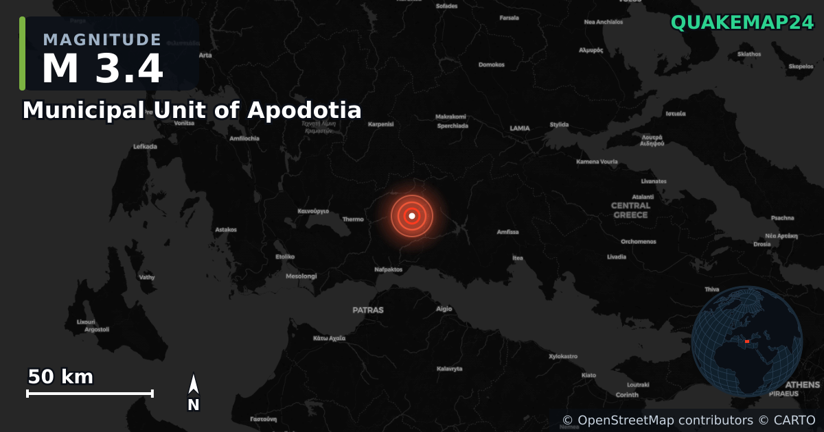 M3.4 earthquake near Municipal Unit of Apodotia on Jun 15, 2026 — map of epicenter and shaking intensity | QuakeMap24