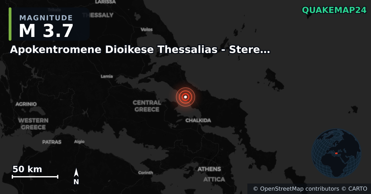 M3.7 earthquake near Apokentromene Dioikese Thessalias - Stereas Ellados on Sep 10, 2025 — map of epicenter and shaking intensity | QuakeMap24