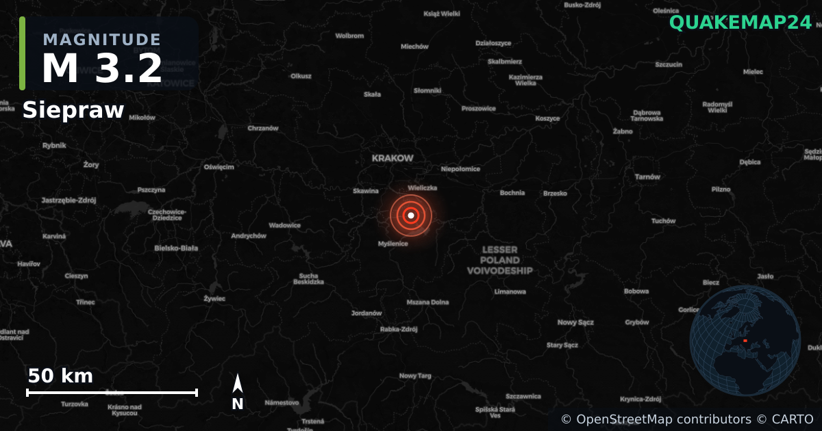 M3.2 earthquake near Siepraw on Aug 9, 2025 — map of epicenter and shaking intensity | QuakeMap24