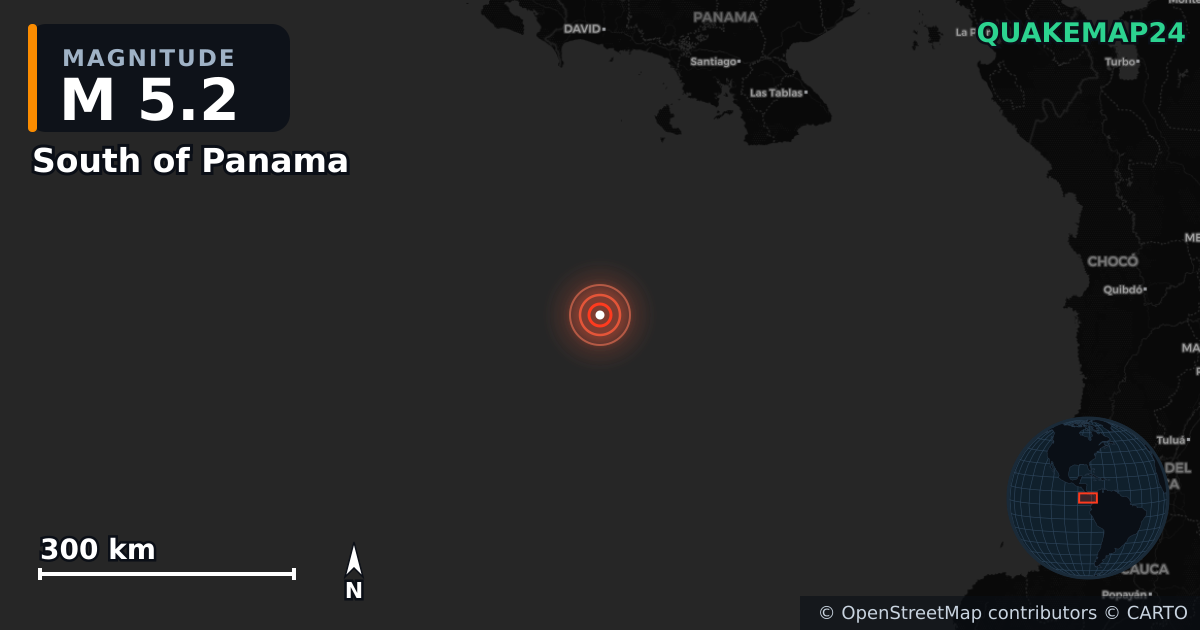 M5.2 earthquake near South of Panama on Jun 5, 2025 — map of epicenter and shaking intensity | QuakeMap24