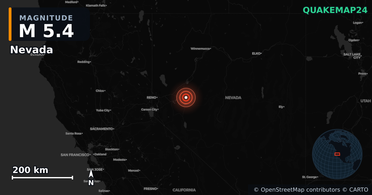 M5.4 earthquake near Nevada on Apr 14, 2026 — map of epicenter and shaking intensity | QuakeMap24