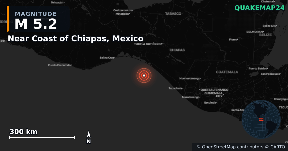 Near Coast of Chiapas, Mexico yakınında M5,2 deprem — Deprem merkez üssünün konumunu gösteren harita