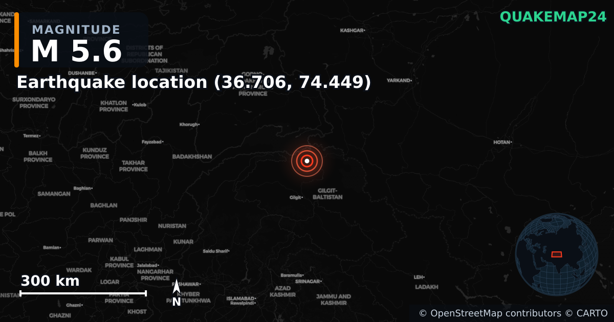 M5.6 earthquake near Earthquake location (36.706, 74.449) on Jan 19, 2026 — map of epicenter and shaking intensity | QuakeMap24