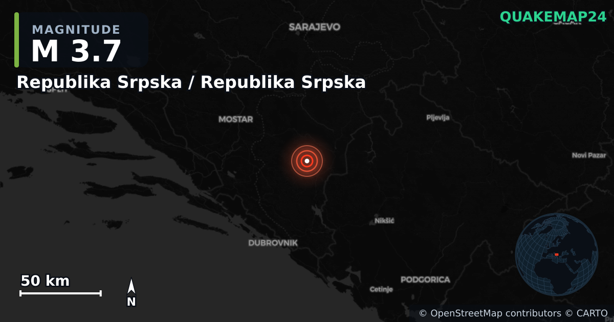M3.7 earthquake near Republika Srpska / Republika Srpska on Dec 11, 2025 — map of epicenter and shaking intensity | QuakeMap24
