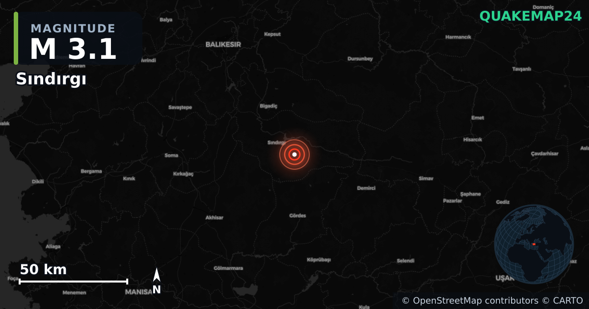 M3.1 earthquake near Sındırgı on Dec 11, 2025 — map of epicenter and shaking intensity | QuakeMap24