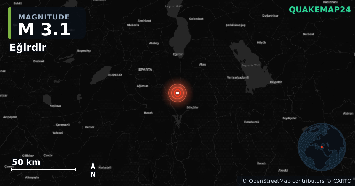 M3.1 earthquake near Eğirdir on Aug 5, 2025 — map of epicenter and shaking intensity | QuakeMap24