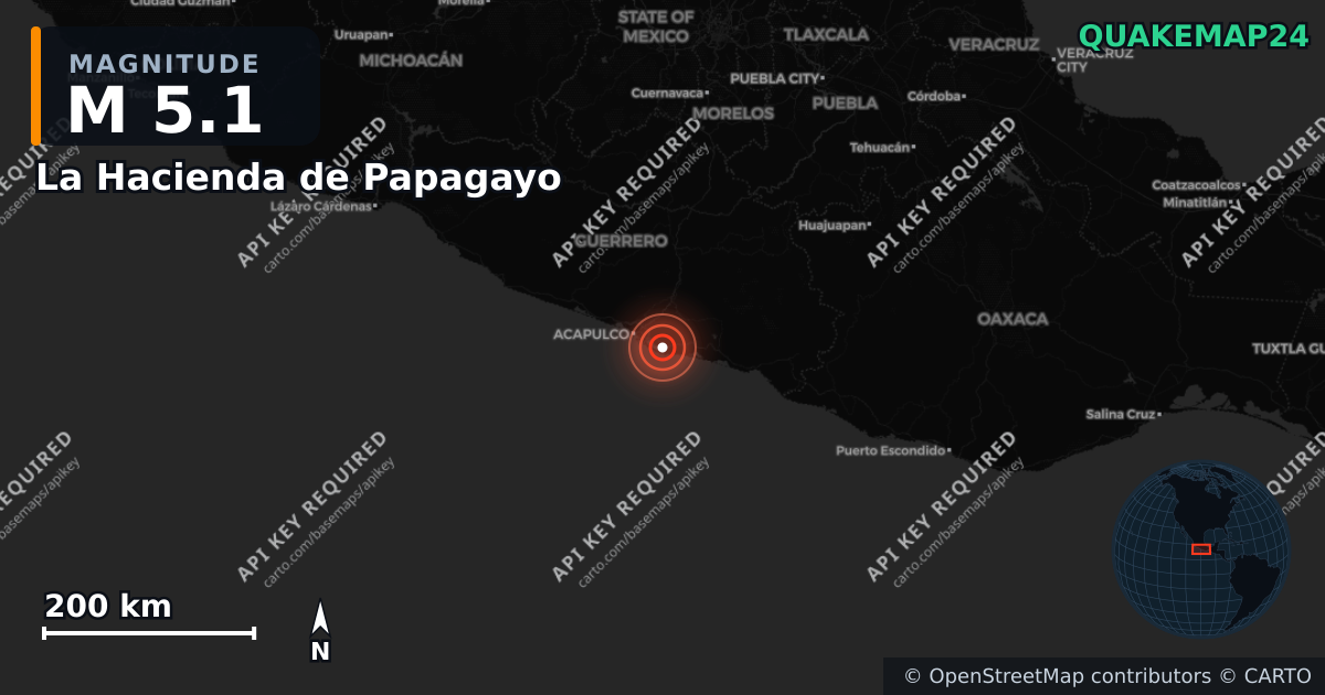 M5.1 earthquake near La Hacienda de Papagayo on Jun 13, 2026 — map of epicenter and shaking intensity | QuakeMap24