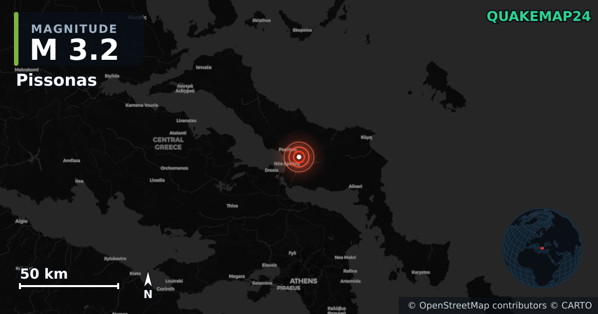M3.2 earthquake near Pissonas on Jan 24, 2026 — map of epicenter and shaking intensity | QuakeMap24