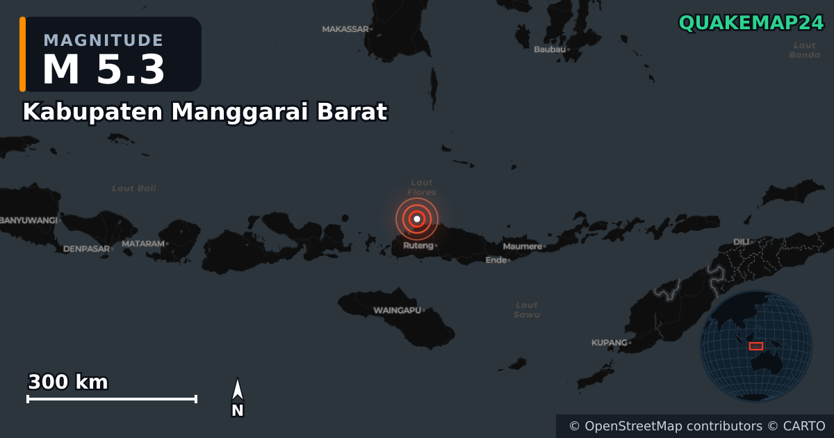 Sismo de M5,3 perto de Kabupaten Manggarai Barat, East Nusa Tenggara (Indonésia) · 2026-08-14 — Mapa da localização do epicentro
